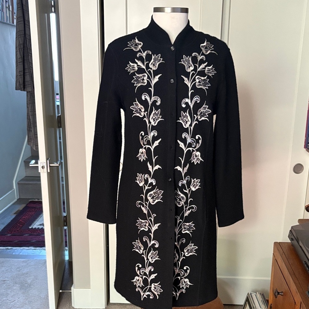 Jones New York Black Cardigan with silvery tan and sequin Floral embroidery